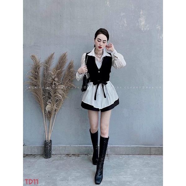 set Áo sơ mi trắng kèm áo gile nơ cực xinh