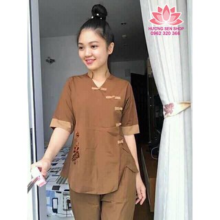 BỘ QUẦN ÁO ĐI LỄ CHÙA - MẪU 5 NÚT CÀI PHẢI -  THÊU SEN