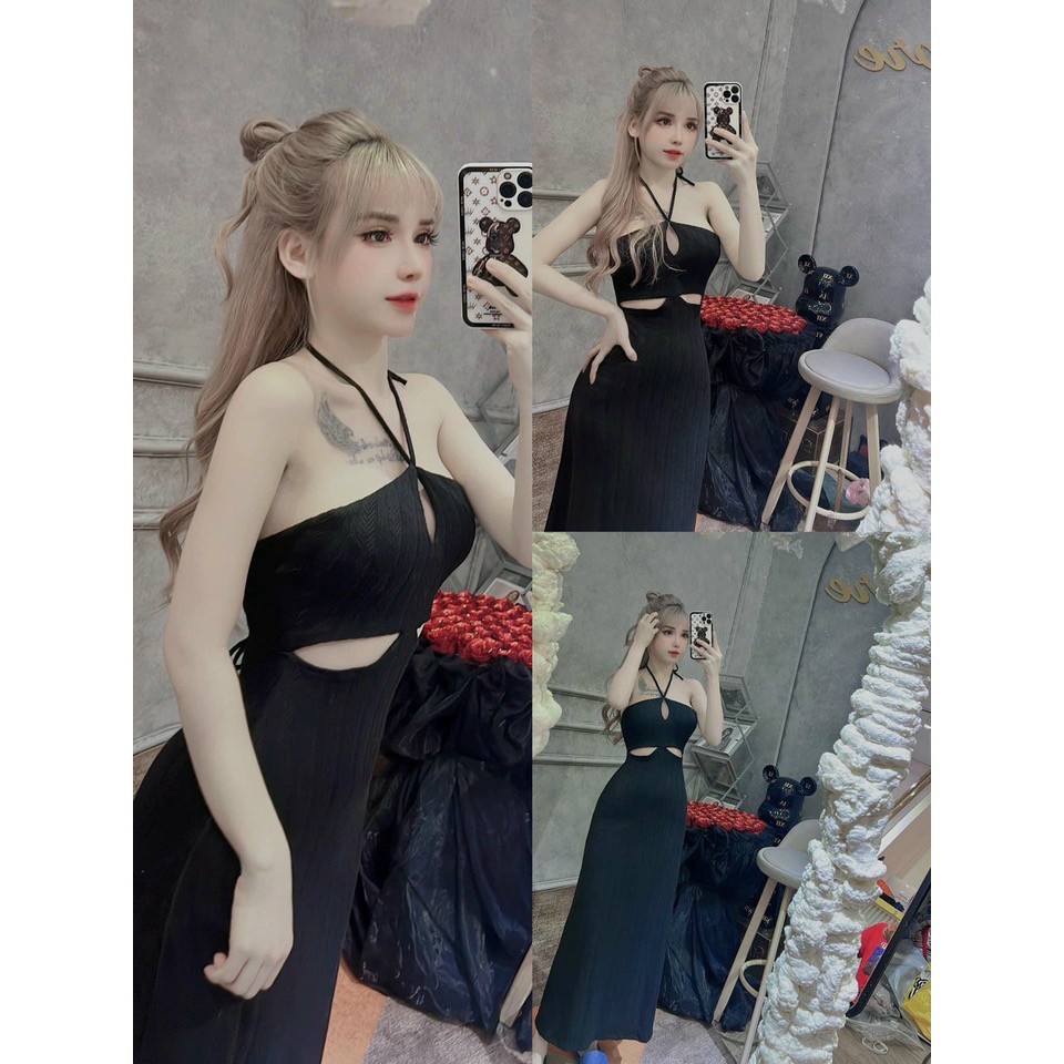Đầm body khoét eo cúp ngực đan dây lưng  chất thun gân xinh ngất ngây