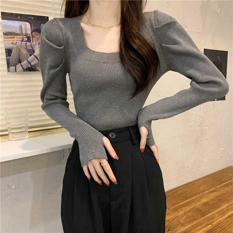 Áo sweater Cổ Vuông Tay Dài Màu Xanh Dương Phong Cách Pháp Thời Trang Mùa Xuân 2022 Mới