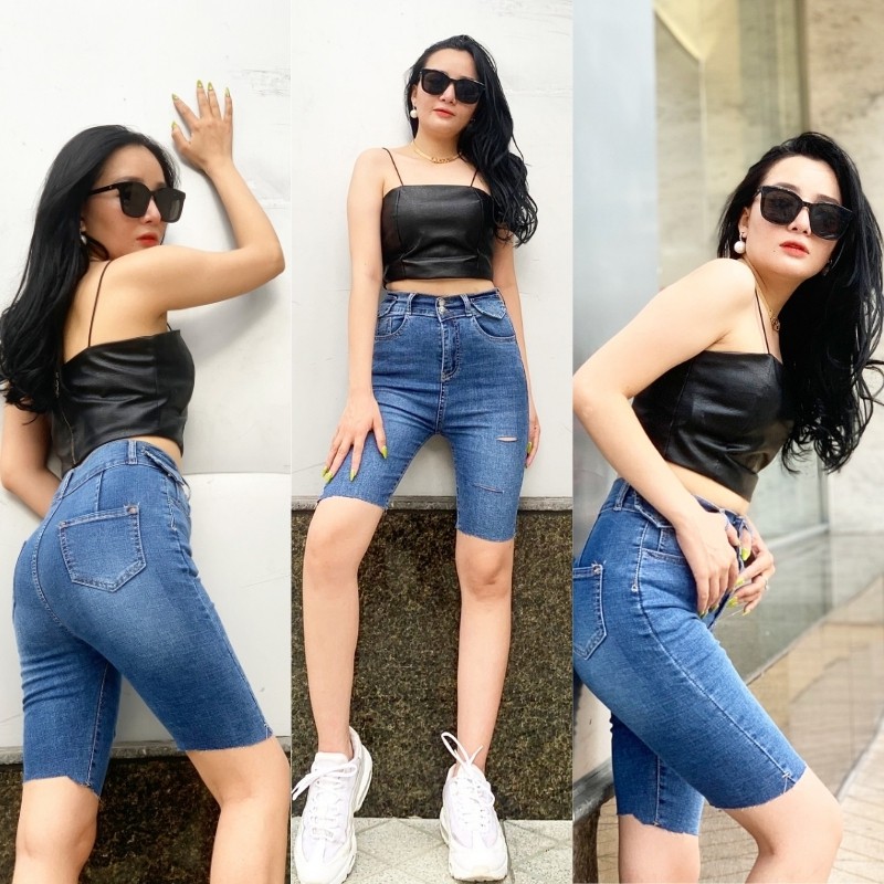 Quần jean ngố nữ lưng cao co giãn dáng ôm trơn tự nhiên cá tính 207