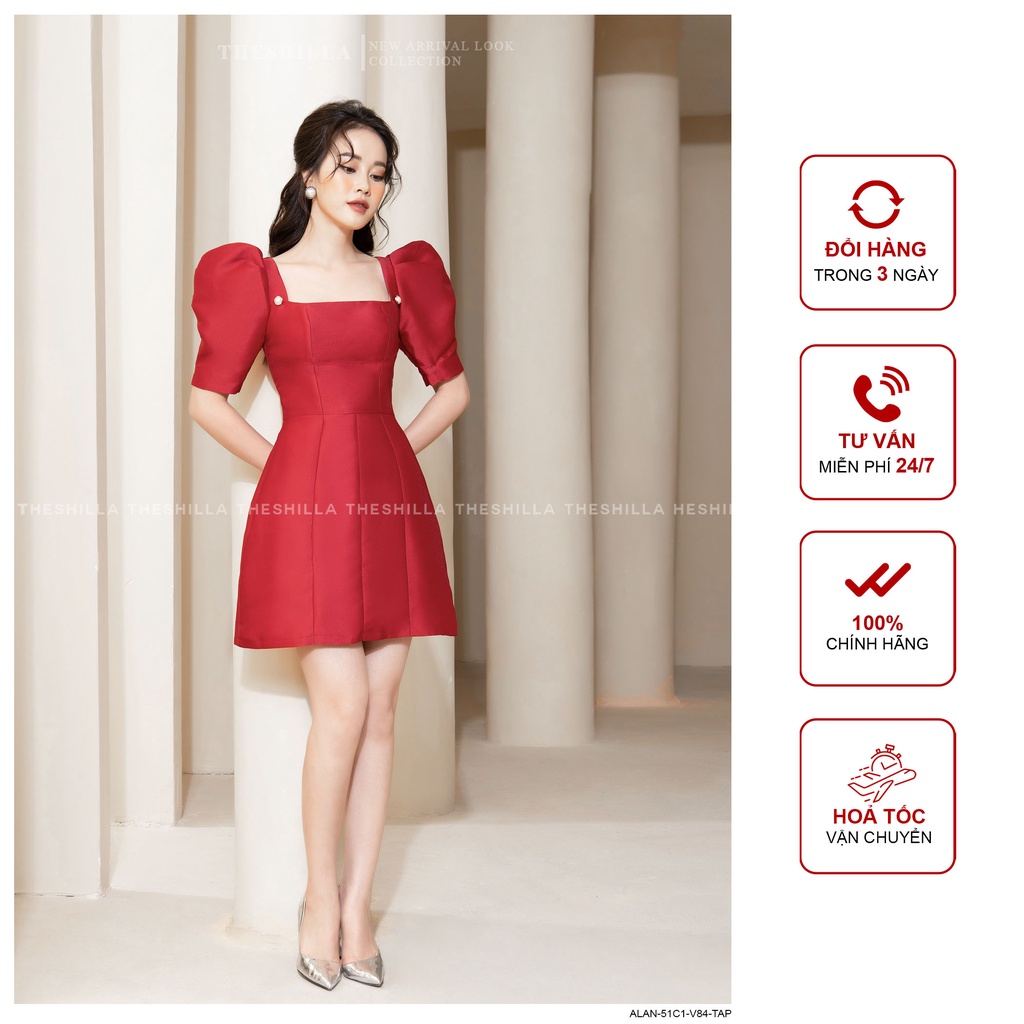 Váy thiết kế cao cấp màu đỏ tay phồng đính nút [ Có video + Ảnh thật ] The Shilla - Alan-51C1