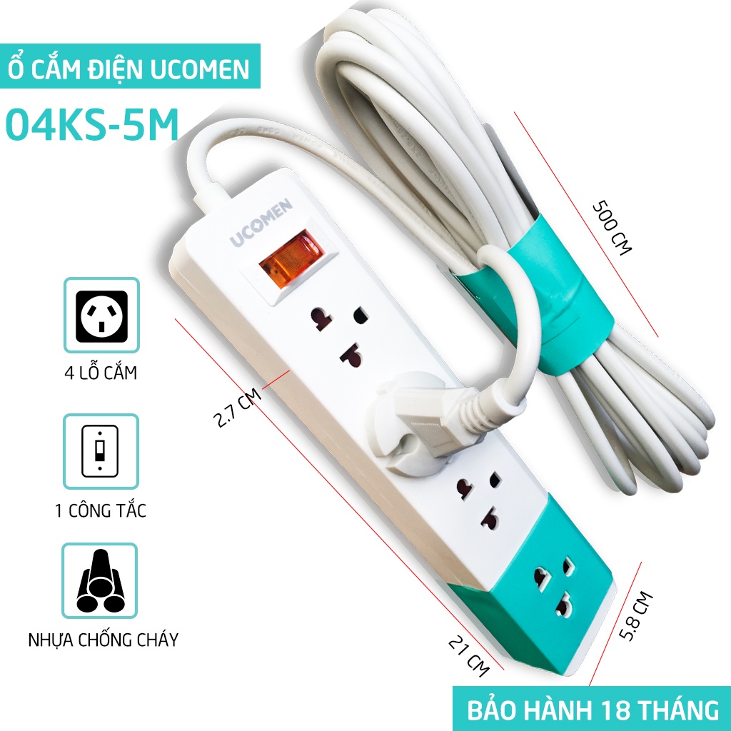 Ổ cắm điện an toàn Ucomen - chống giật - chống quá tải _Dây 5 mét Chuẩn Châu Âu [Nhà Phân Phối Chính Thức]