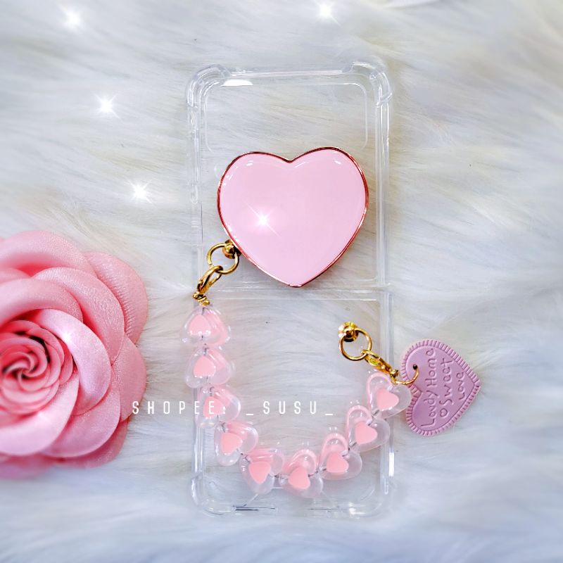 Ốp Samsung Z Flip 3 - ZFlip 3 - ZFlip3 hồng pastel ngọt ngào kèm bộ dây đeo tim dễ thương