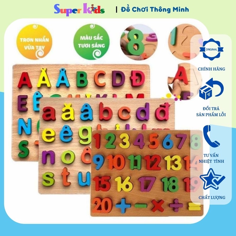 Bộ 3 Bảng Ghép Thông Minh Chữ Cái, Số Nổi Bằng Gỗ Cho Bé Học Chữ Số Và Phép Tính Đơn Giản