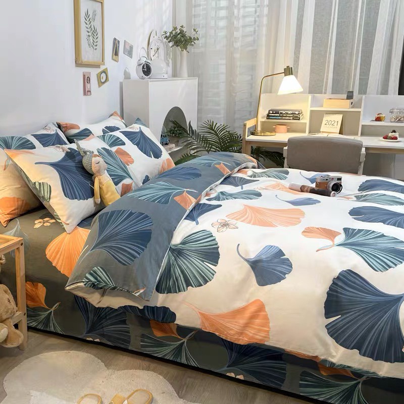 Bộ Chăn Ga Gối Cotton Living - Cotton 100% Họa Tiết Lá Quạt , Full Set 4 Món Ga Giường , Vỏ Chăn Và 2 Vỏ Gối Nằm