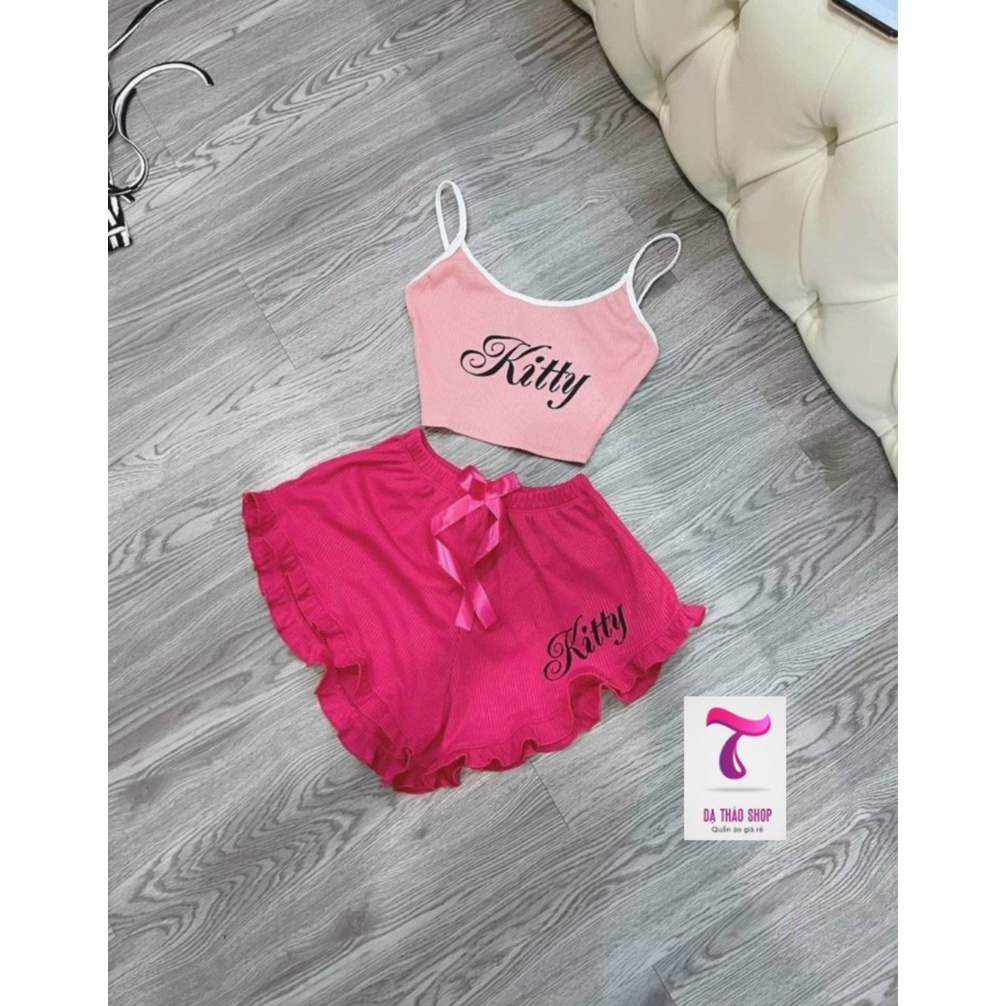 Sét bộ in chữ áo 2 dây + quần viền bèo chất thun Gân co giãn 4 chiều Cam Kết Hàng Y Hình ( Size từ 40-53kg )
