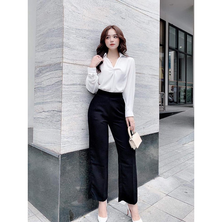 Áo sơ mi trắng dài tay, thiết kế xoắn ngực- Kirasfashion (AM 10)