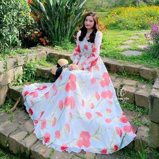 🔴Đầm trắng hoa đỏ tay dài siêu xinh siêu phồng xoè