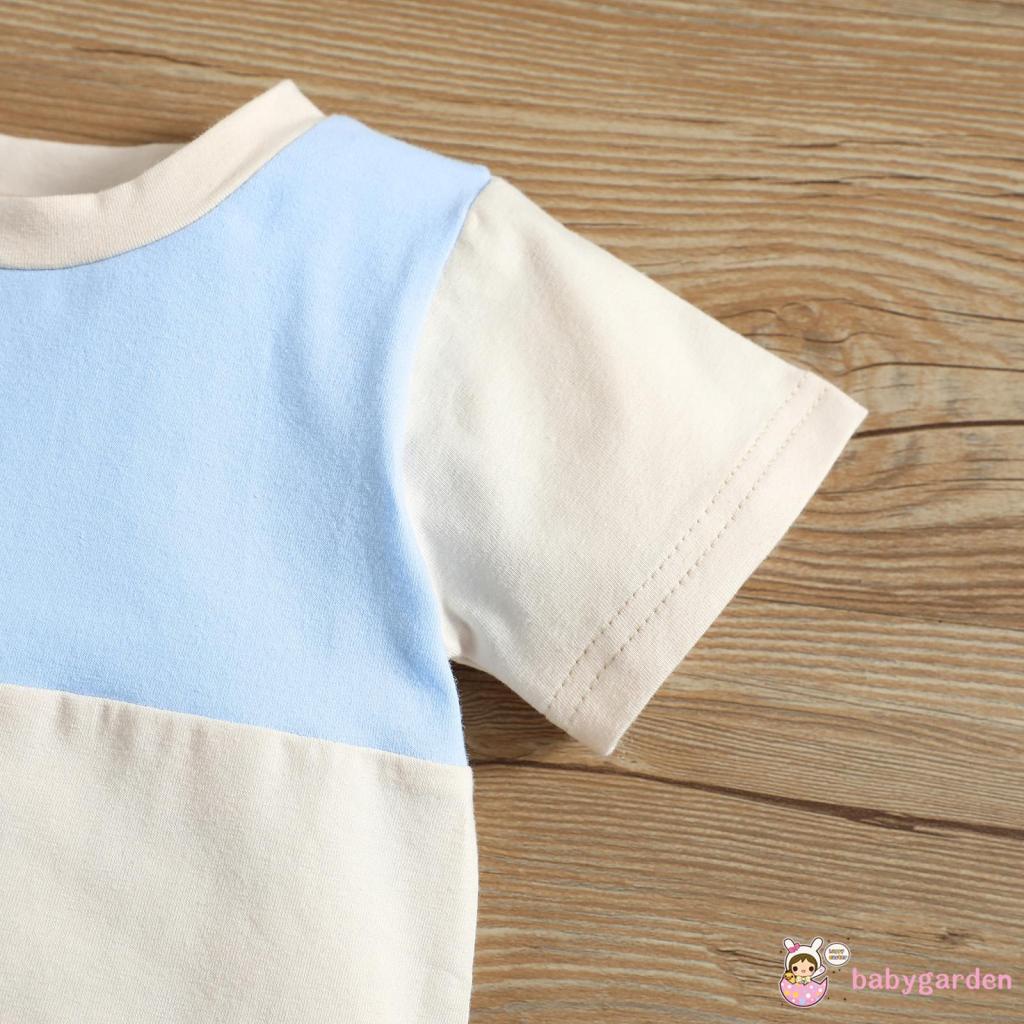 Bộ Áo Thun Ngắn Tay Cổ Tròn + Quần Short Co Giãn Tốt Màu Sắc Tương Phản Thời Trang Mùa Hè Cho Bé Từ 0-24 Tháng Tuổi