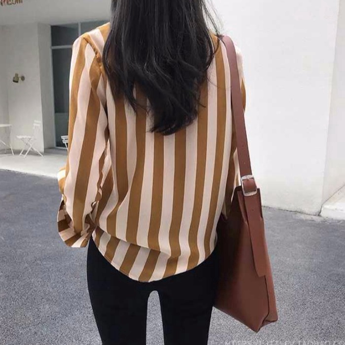 IELGY  Áo Sơ Mi Tay Dài Dáng Ôm Họa Tiết Kẻ Sọc Thời Trang Dành Cho Nữ