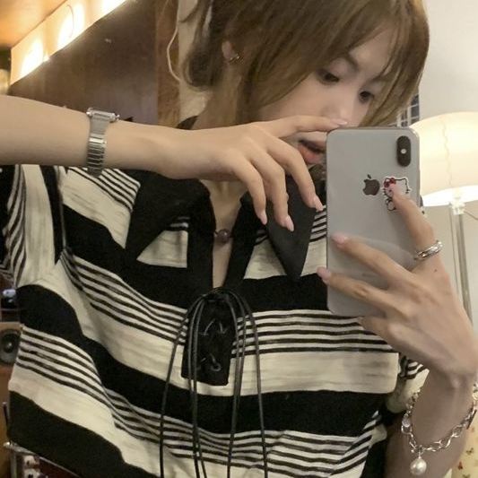 COZOKC Áo thun polo COZOKC dáng ngắn tay ngắn họa tiết kẻ sọc ngang thời trang trẻ trung dành cho nữ