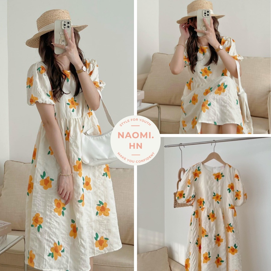 Váy babydoll dáng dài hoa vàng 2 lớp chất xốp bồng bềnh có dây buộc eo. Đầm dáng dài tay bồng babydoll hoa vàng