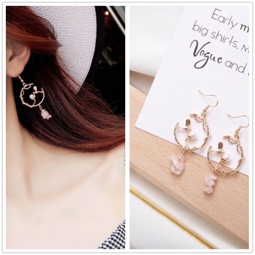 Khuyên tai chuỗi hình giọt nước đính ngọc trai phong cách Hàn Quốc
