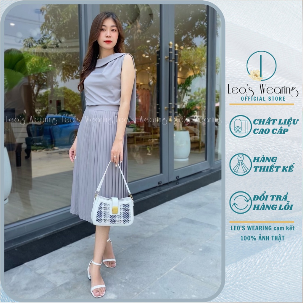 Set công sở chân váy xếp ly dài qua gối mix áo cộc tay LEOSWEARING Q19