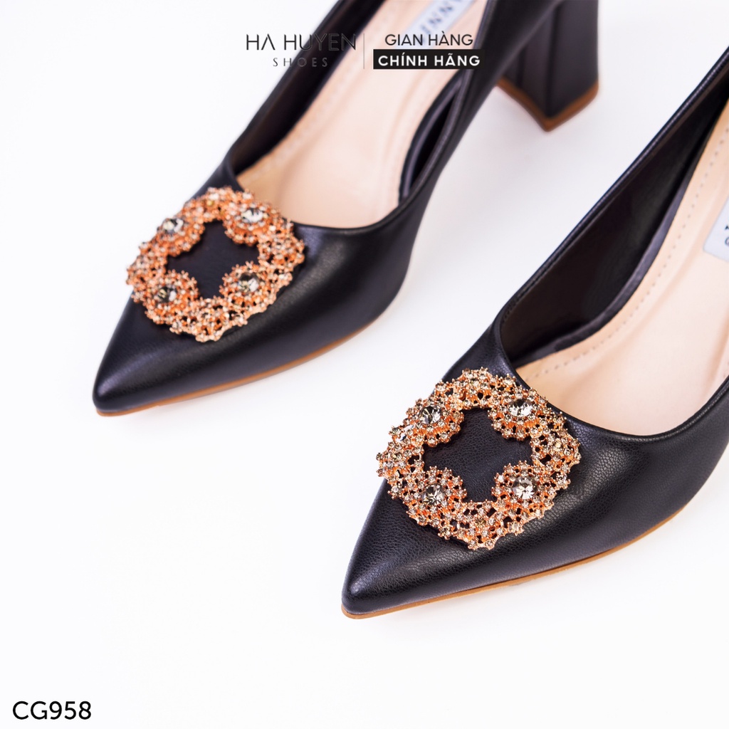 Cao gót Hà Huyền Shoes da lì đá Manolo hạt xanh GV 6p - CG958