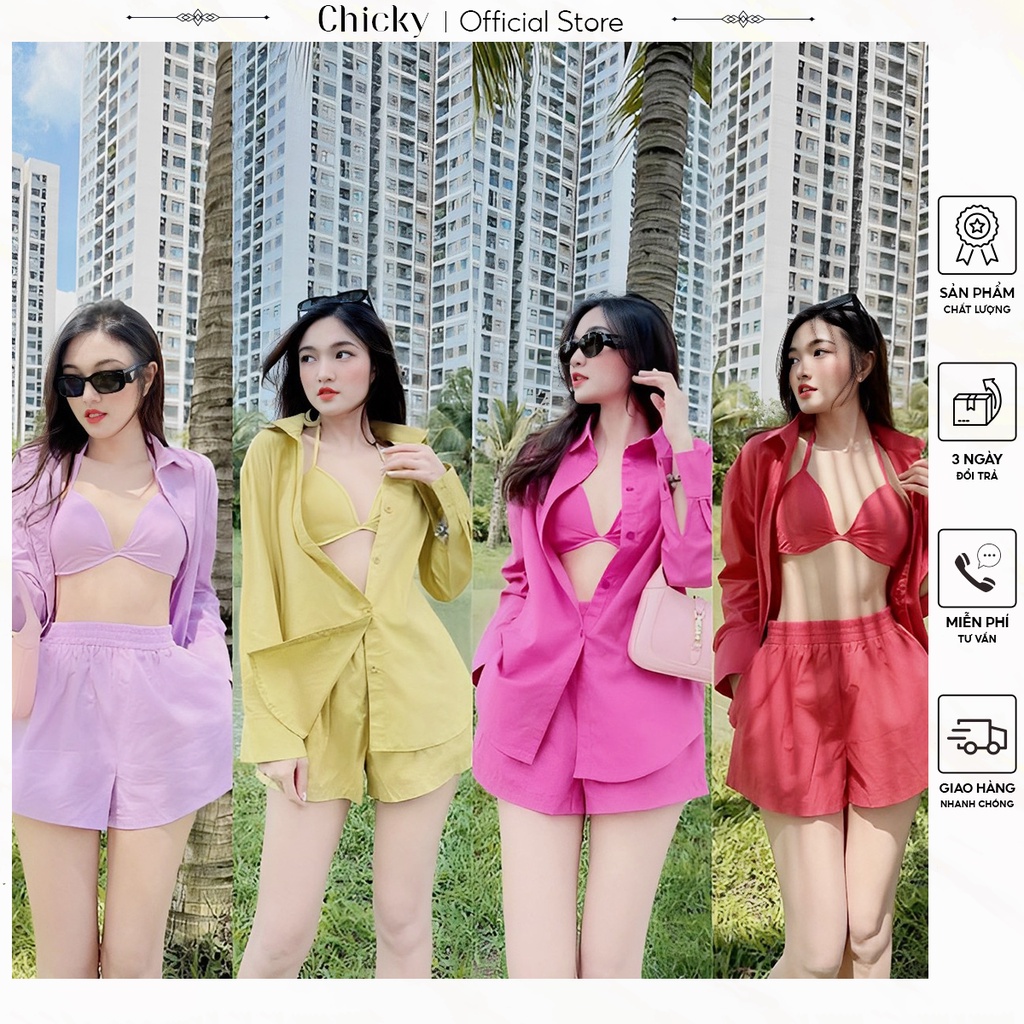 set bộ đồ nữ 3 món áo sơ mi tay dài kèm áo bra phối cùng quần đùi sang chảnh(có mút)