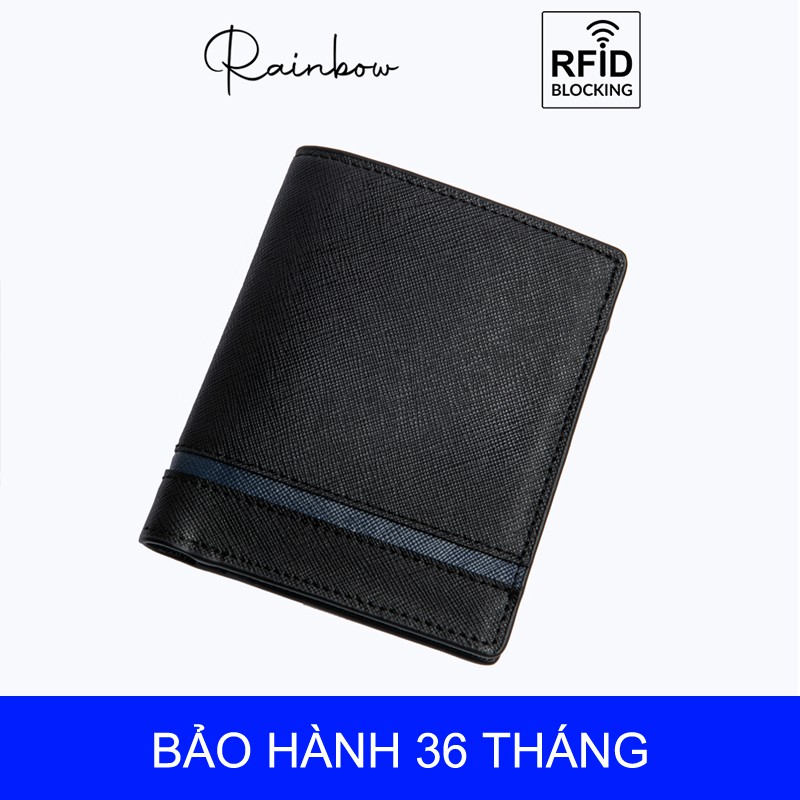 [Da bò Ý-BH 3 năm]Ví da nam đen vân cao cấp, công nghệ mã hóa chống trộm RFID, dáng ngang, dáng đứng. RBMLW 004