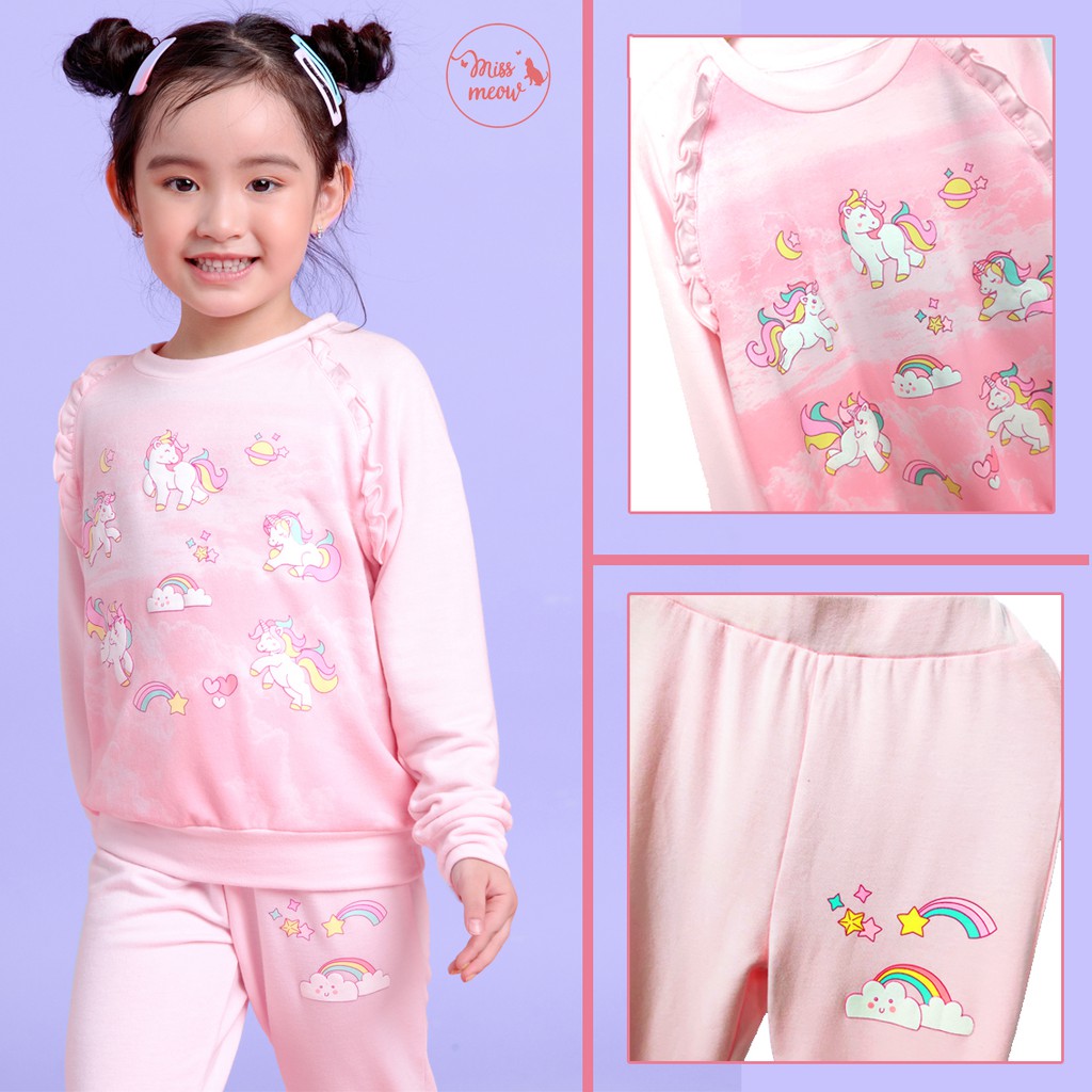 Bộ dài tay bé gái BIGFOX - MISS MEOW size đại, bộ thu đông cho bé phong cách Hàn Quốc in ngựa unicorn hồng 11 - 38 kg