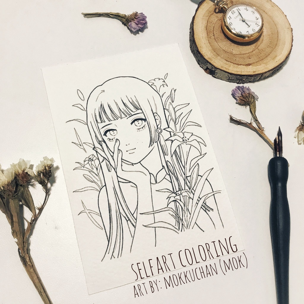 [rysearthub]Tranh tô màu lineart &quot;Girl with flower&quot; - MOK - 3 tranh - Self Art coldpress 300gsm