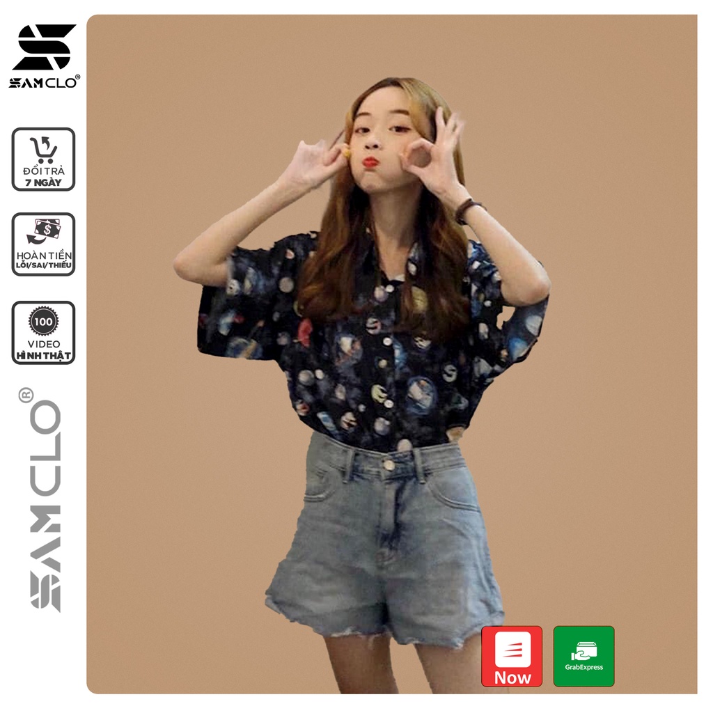 Áo SƠ MI NỮ form rộng in 3D cổ bẻ tay ngắn - lỡ dáng ulzzang freesize unisex mặc cặp, nhóm, hình VŨ TRỤ HÀNH TINH