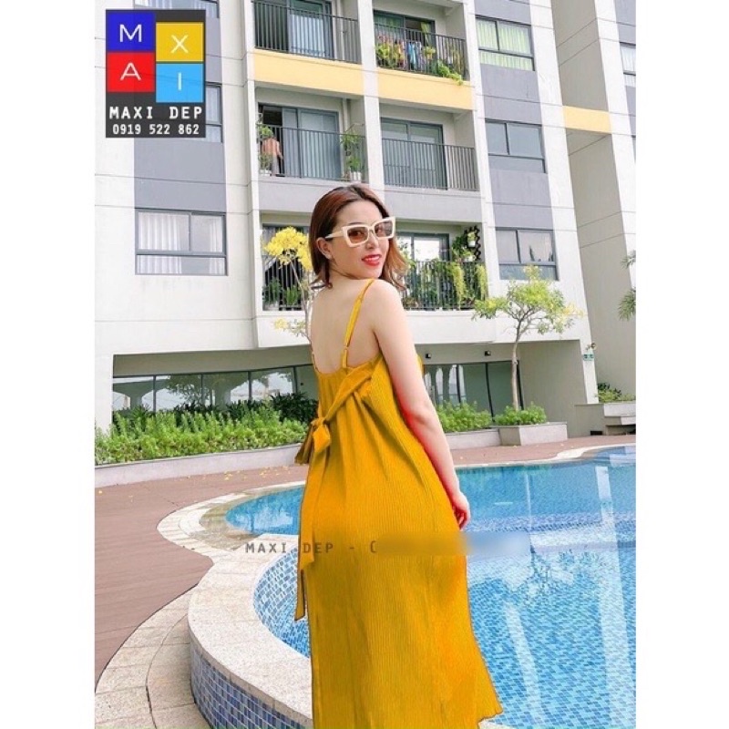 [Hàng đẹp]Đầm dập ly 2 dây cột nơ sau lưng dáng suông _hình thật. alohashop91