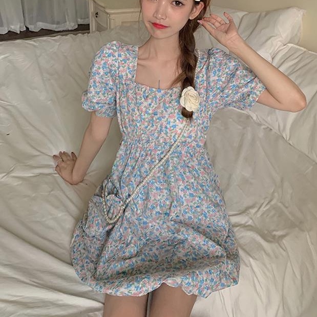 Đầm Dáng Chữ a Tay Phồng Cổ Vuông In Họa Tiết Hoa Phong Cách Pháp Thời Trang Mùa Hè Mới