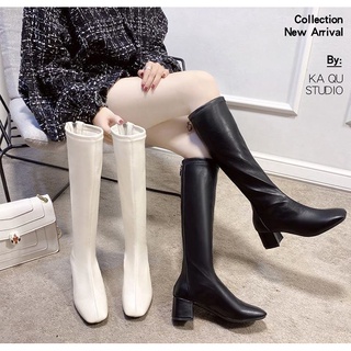 Bốt đùi cao cổ WOMEN STORY boots nữ da PU mềm lot nỉ khóa sau boot đế