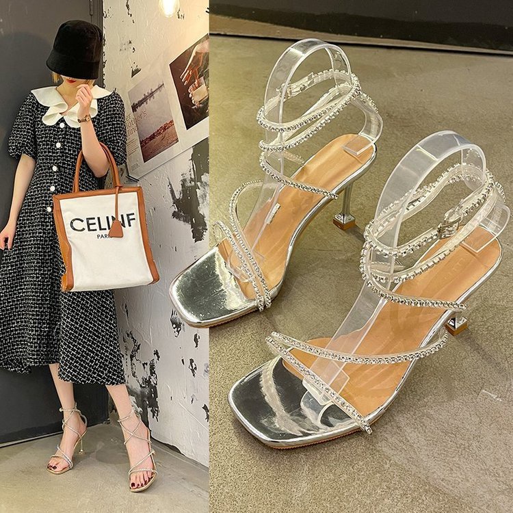 Giày Cao Gót Nữ XALI Thời Trang Nữ Thần Gót trụ 9p Quai Trong Sandal Cô Dâu Hở Ngón Mũi Vuông Đính Đá Pha Lê Lấp Lánh