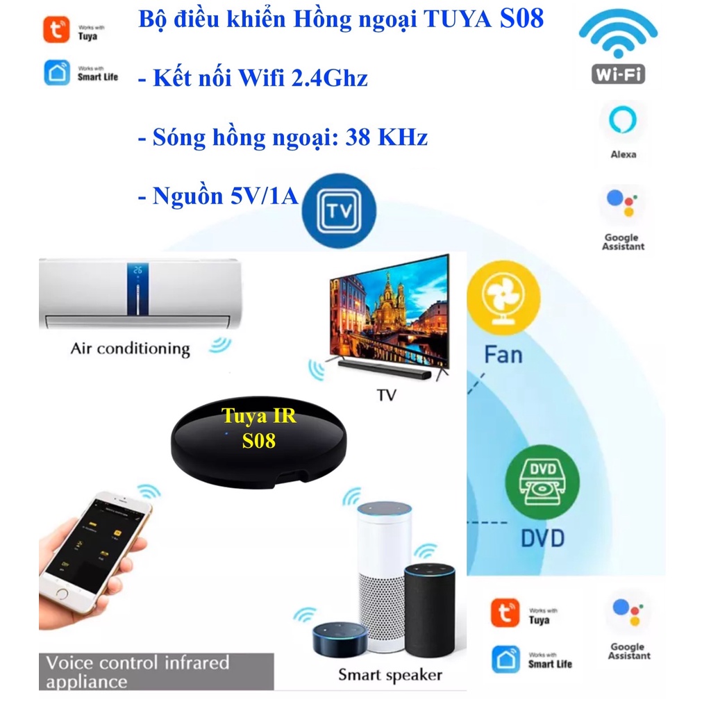 Bộ điều khiển Hồng ngoại IR thuộc Hệ sinh thái Tuya (Tuya Wifi IR), dùng App Smart Life/ Tuya.