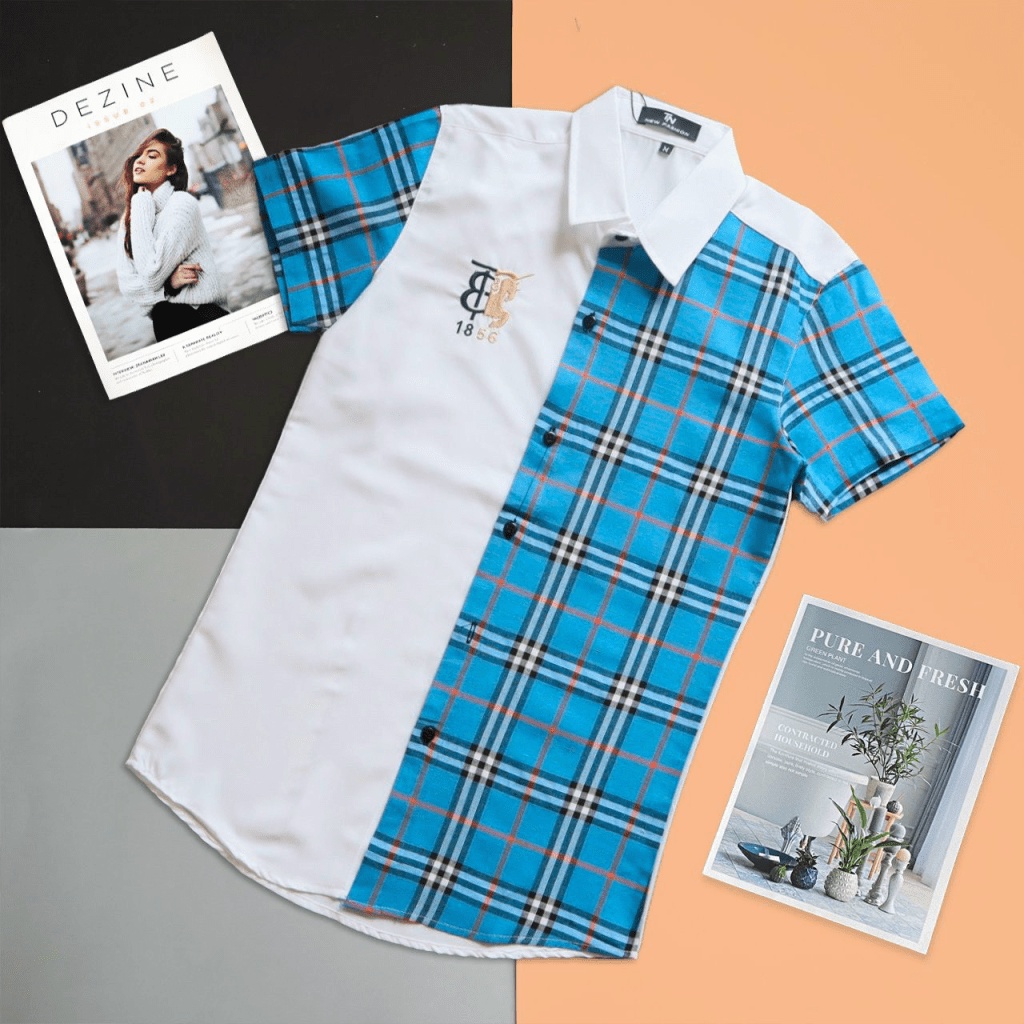 Áo Sơ Mi Nam Tay Ngắn Phối Nửa Sọc Caro Logo Thêu Nổi Vải Lụa Ép Nhiệt 3D Phong Cách Thời Trang Mới [NEW UNISEX]