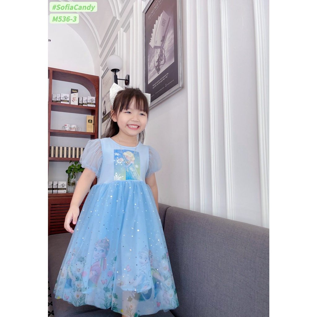 Đầm công chúa Bigbaby, chất thun mềm phối ren có lớp lót họa tiết công chúa Elsa đáng yêu cho bé 1-10t