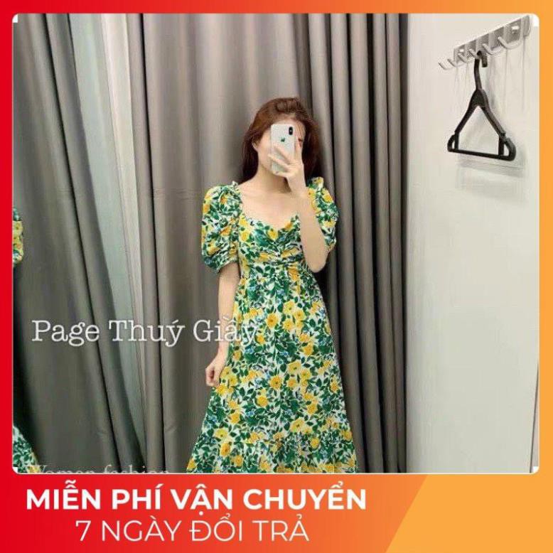 [ 𝐅𝐑𝐄𝐄 𝐒𝐇𝐈𝐏 ] VÁY HOA LÁ XANH VÀNG TO CỔ V RÚM