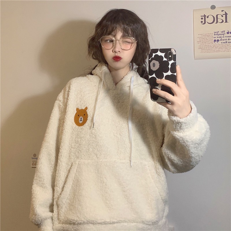 Áo hoodie len bông tay dài không có túi gấu logo nhỏ nón tai gấu cute ulzzang ( 2 màu )