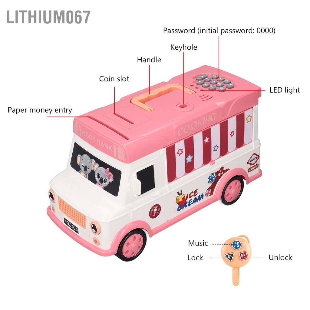 Lithium067 Trẻ em Money Bank Bus Shaped Password Điều khiển từ xa Mở khóa Âm nhạc Hộp đựng tiền điện tử