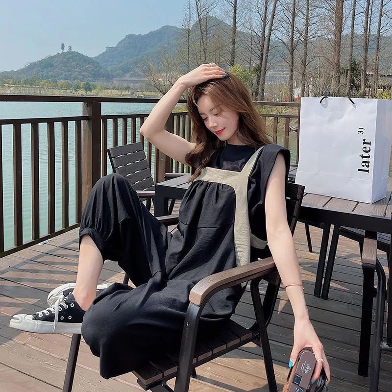 Bộ Áo Thun + Quần Yếm Dài Tới Mắt Cá Chân Dáng Rộng Thời Trang Mùa Hè Phong Cách Hàn Quốc Ngọt Ngào Cho Nữ