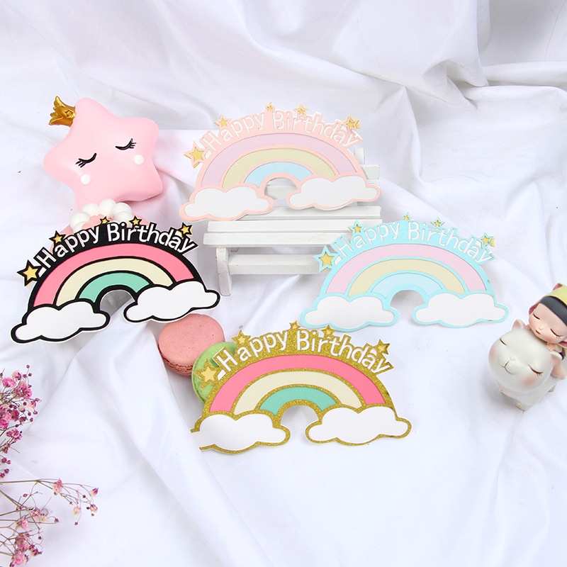 Phụ kiện cắm trang trí bánh kem hình cầu vồng và đám mây với chữ Happy Birthday xinh xắn