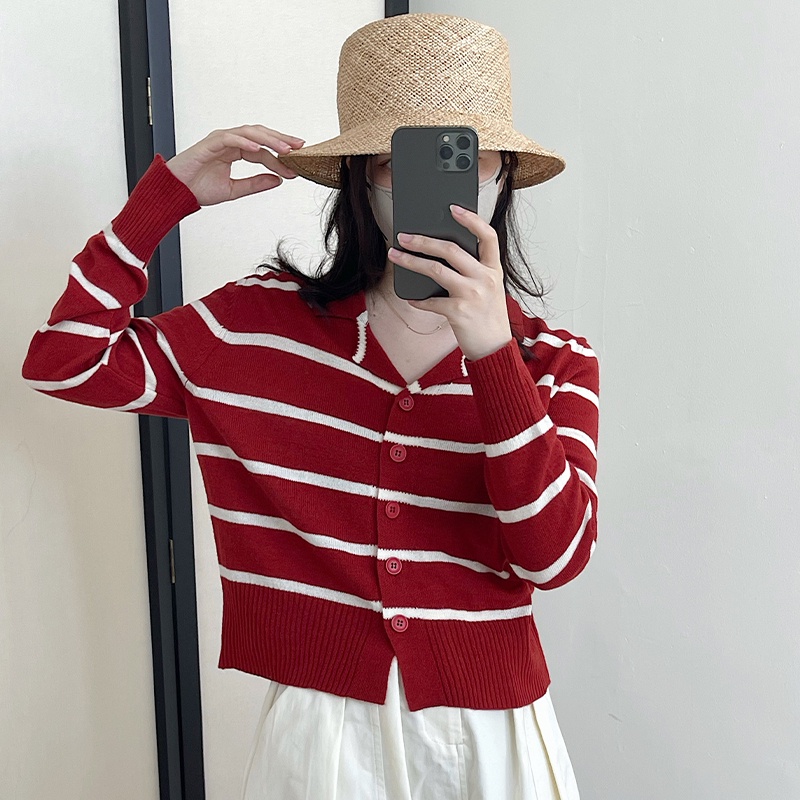 【ZHELIHANGFEI】Áo Cardigan Dệt Kim Dáng Rộng Họa Tiết Kẻ Sọc Dễ Phối Đồ