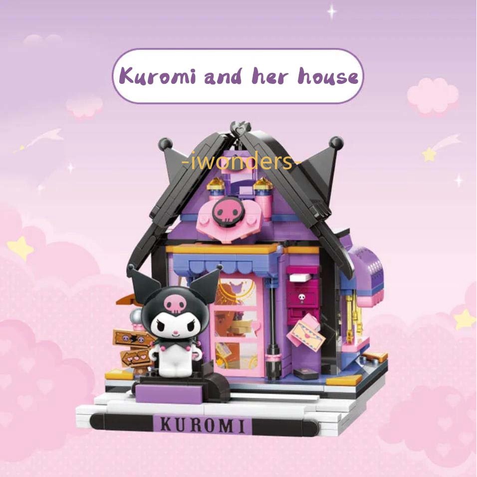 Giai điệu: Kuromi Xếp hình Khối xây dựng Sanrio Loạt chế độ xem phố Phim hoạt hình sáng tạo Lắp ráp Đồ chơi DIY Đồ chơi mô hình quà tặng cho bé gái Kids education toys