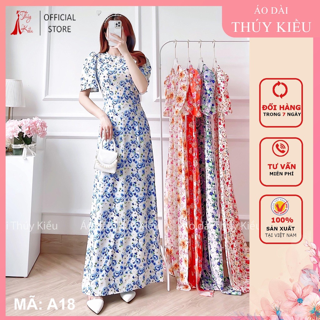 Áo dài hoa nhí xanh dương A18 tay loe cổ đính ngọc thiết kế đi dạy lễ tết cưới đẹp