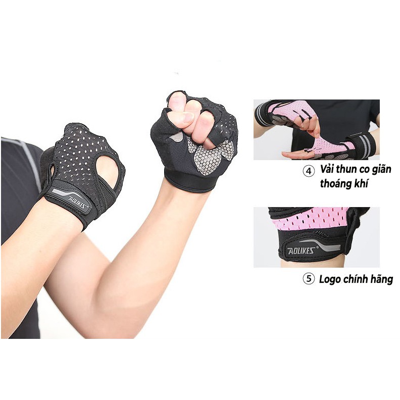 Găng Tay Tập Gym Nam Nữ Aolikes 113 Thiết Kế Có Khóa Chặt Co Giãn Giúp Thoáng Khí Chống Trơn Trượt