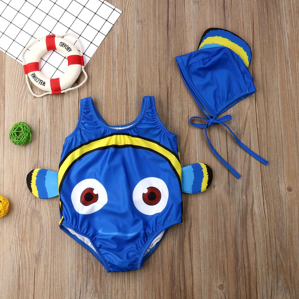 Bộ đồ bơi 1 mảnh họa tiết cá hề kèm mũ đáng yêu cho bé gái Đồ bơi cho bé