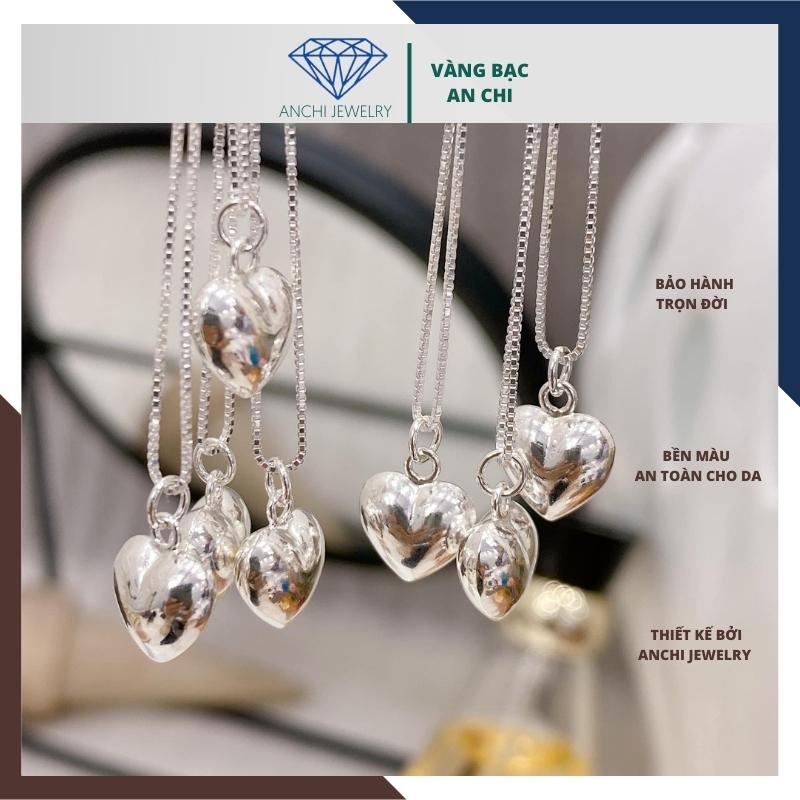 Bộ dây chuyền - lắc tay và bông tai mặt trái tim phồng, chuẩn bạc ta sáng đẹp - Anchi jewelry
