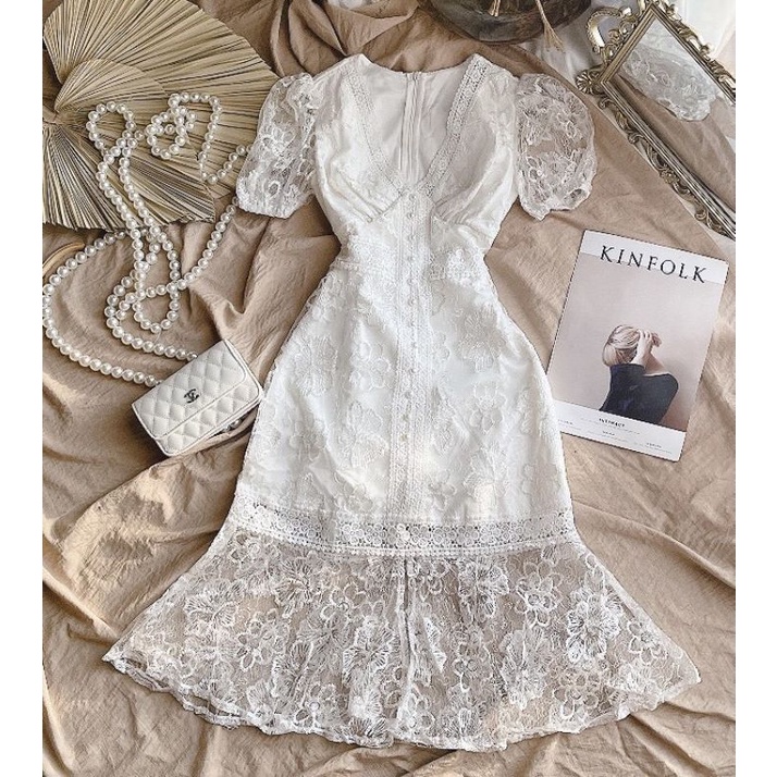 Đầm midi trắng ren hoa đuôi cá Fishy Dress [KÈM ẢNH THẬT VIDEO]