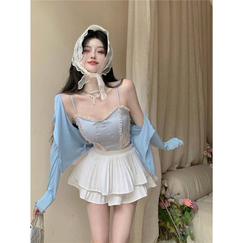 Bộ Đồ Áo Hai Dây REN Hot Girl Gợi Cảm Áo Mùa Hè Cho Nữ + Áo Khoác Cardigan + Váy Cạp Cao Cho Nữ