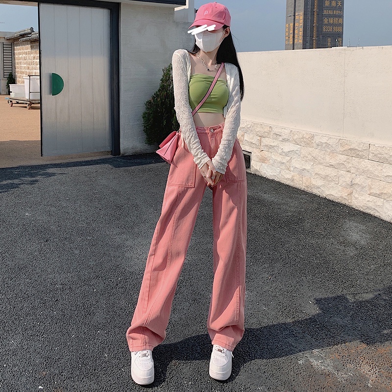 Quần jean ZHELIHANGFEI lưng cao ống rộng phong cách đường phố Mỹ cá tính năng động