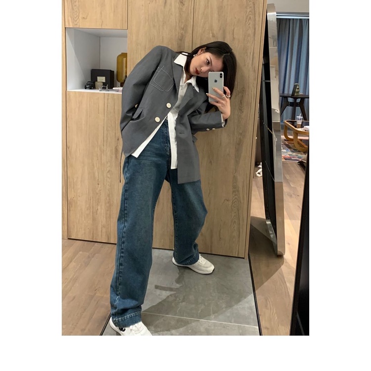 Quần Jean Ống Rộng Lưng Cao Thêu Họa Tiết Xinh Xắn Theo Phong Cách retro Hàn Quốc