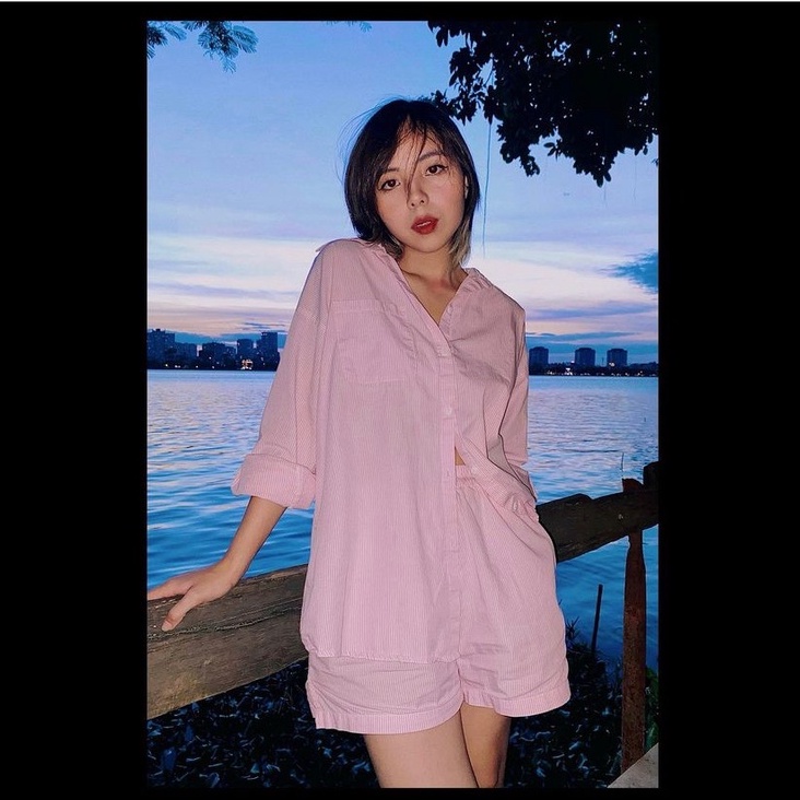 Set sơ mi và shorts kẻ hồng phong cách pyjama Mia Striped Shirt &amp; Boxer Short Mia Ritta A2059 Q381
