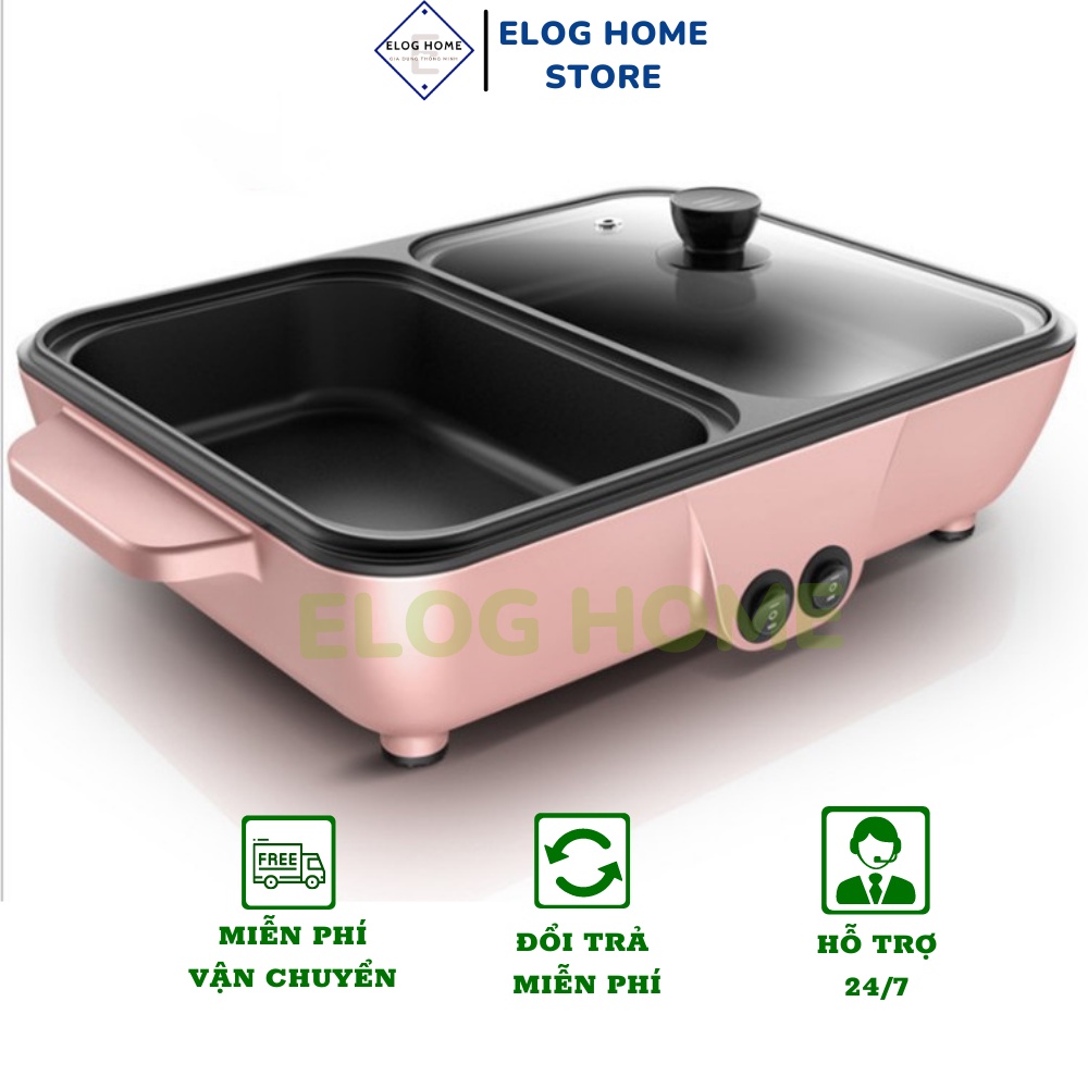 Bếp lẩu nướng điện mini 2 ngăn đa năng phong cách Hàn Quốc, nồi lẩu chống dính cao cấp bảo hành 6 tháng