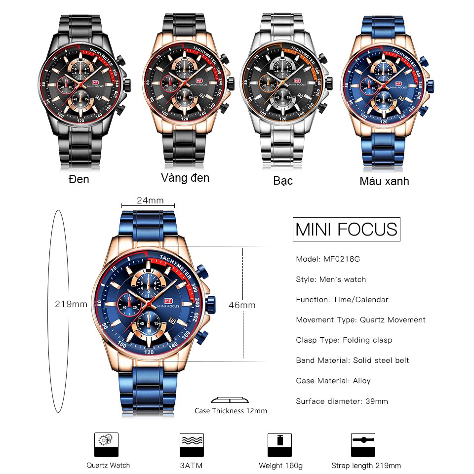 MINI FOCUS Thời trang thể thao đồng hồ đeo tay nam bằng thép không gỉ